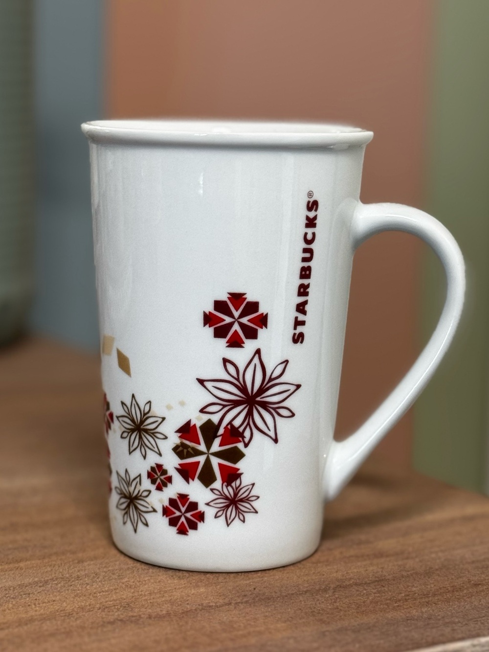 Starbucks Holiday Ceramic Coffee Mug Cup Snowflakes Stars Poinsettias 2013